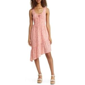 BP Dress Women Medium Pink Floral Print Asymmetric 100% Cotton Elastic Waist